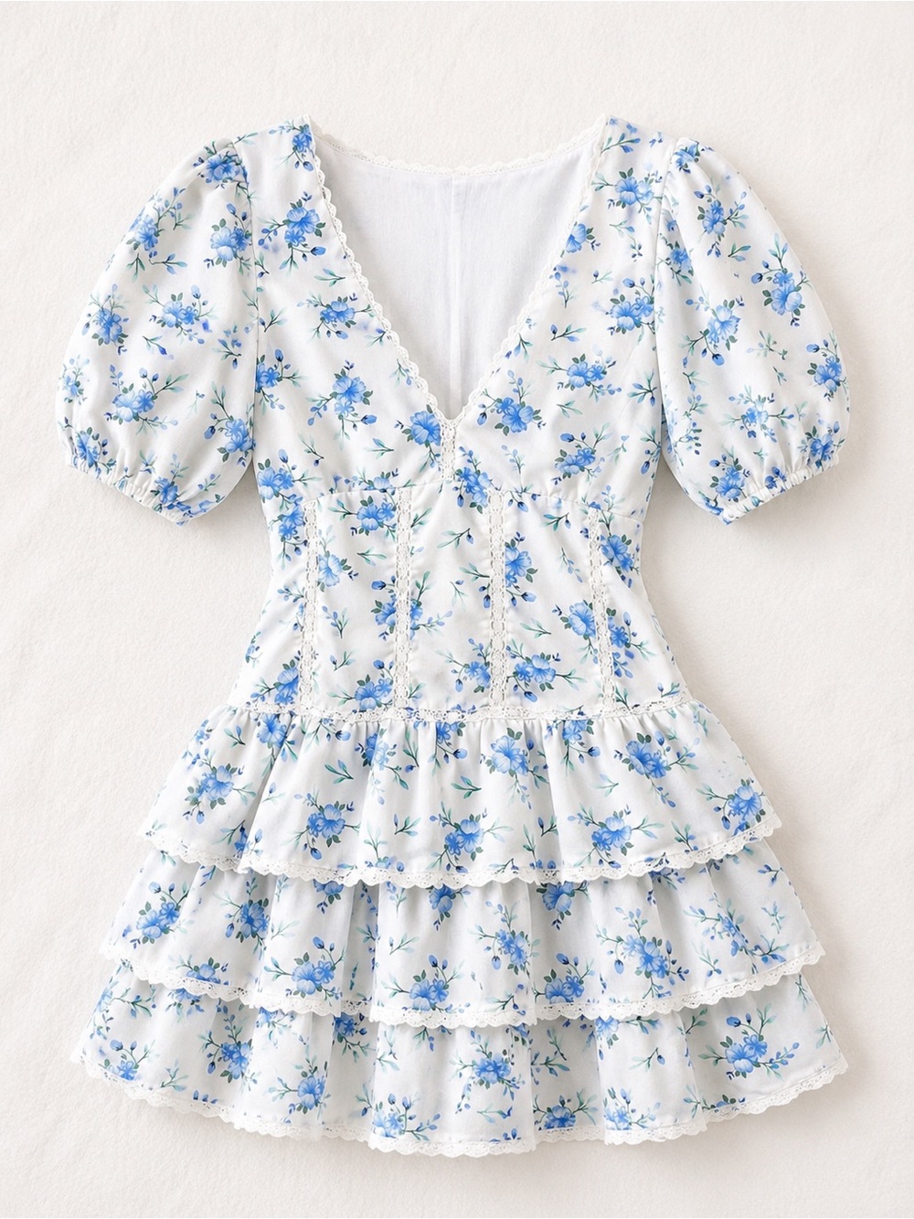 TWFS Blue Floral Cottagecore Tiered Mini Dress Size XS